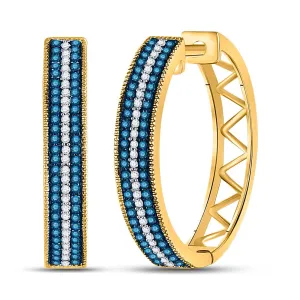 10kt Yellow Gold Womens Blue Diamond Hoop Earrings - Dazzling Splendor