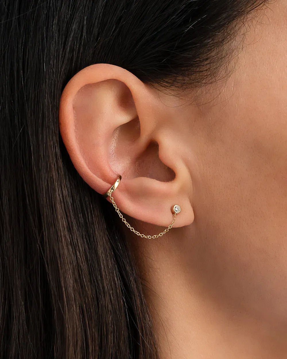 14k Gold Ear Cuff with Bezel Diamond Chain