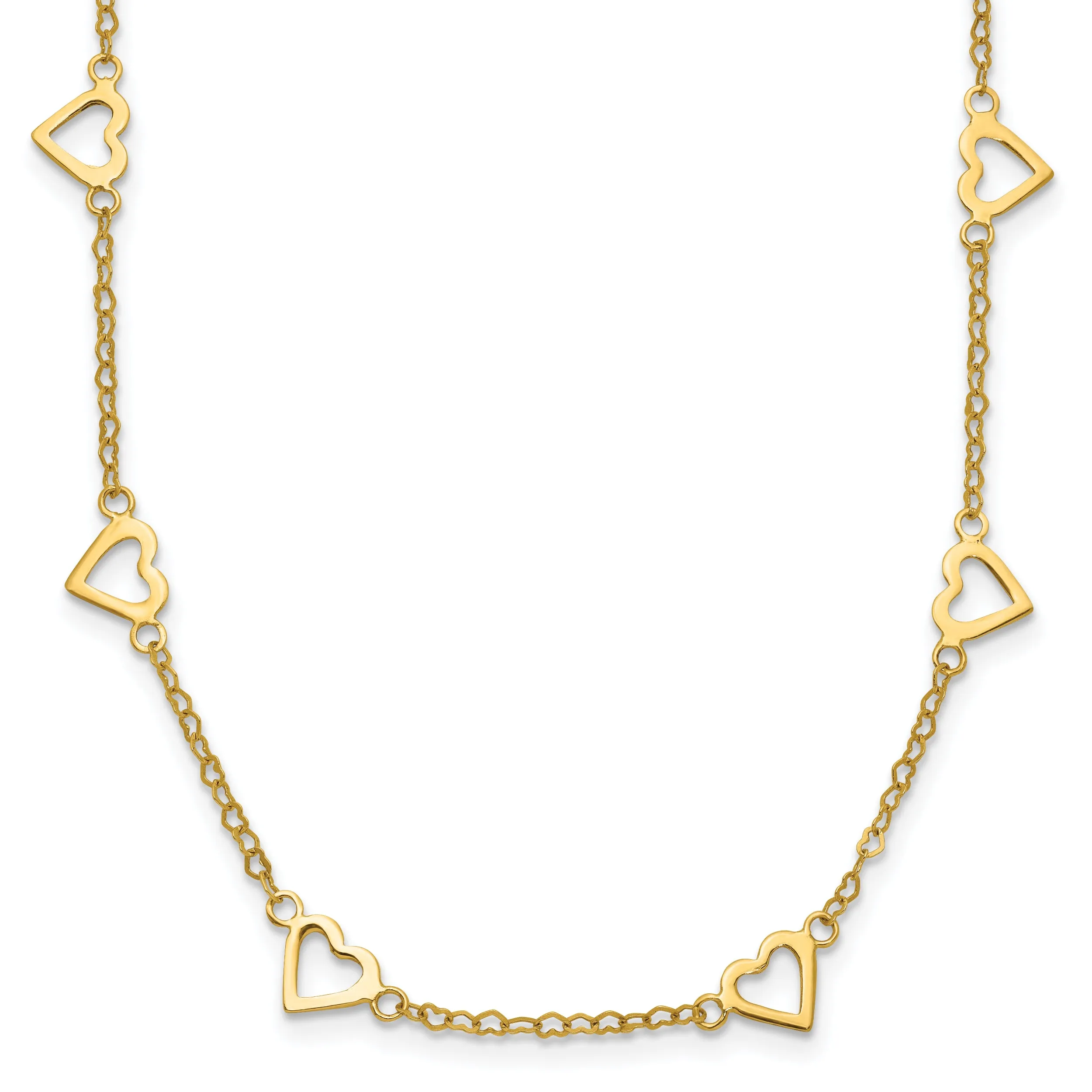 14K Gold Heart Link Necklace with Polished Open Hearts and 17-Station Design