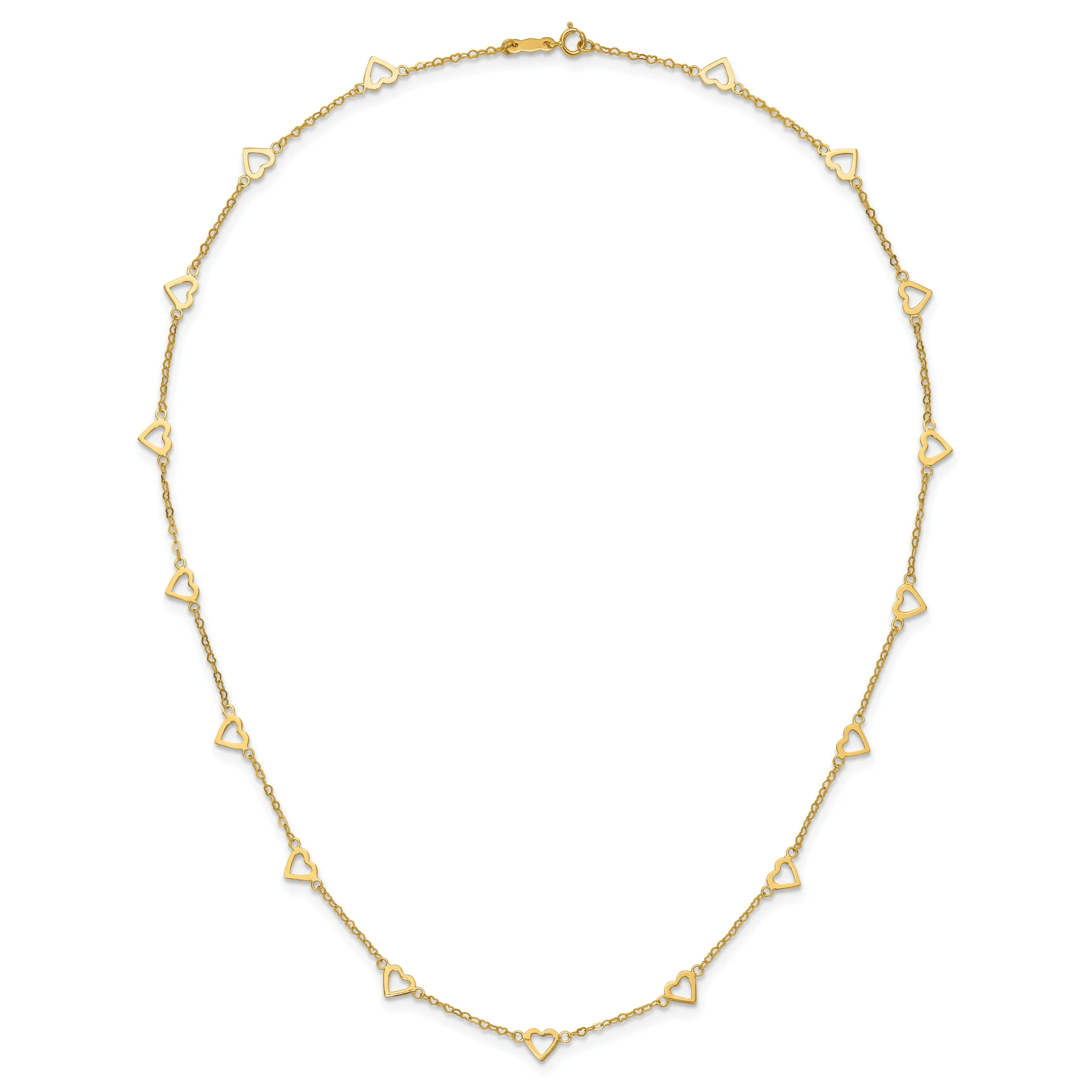 14K Gold Heart Link Necklace with Polished Open Hearts and 17-Station Design