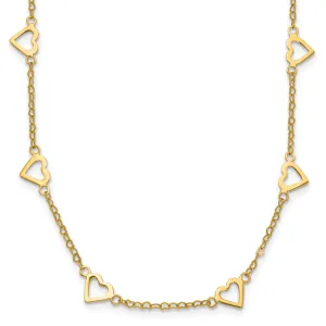 14K Gold Heart Link Necklace with Polished Open Hearts and 17-Station Design