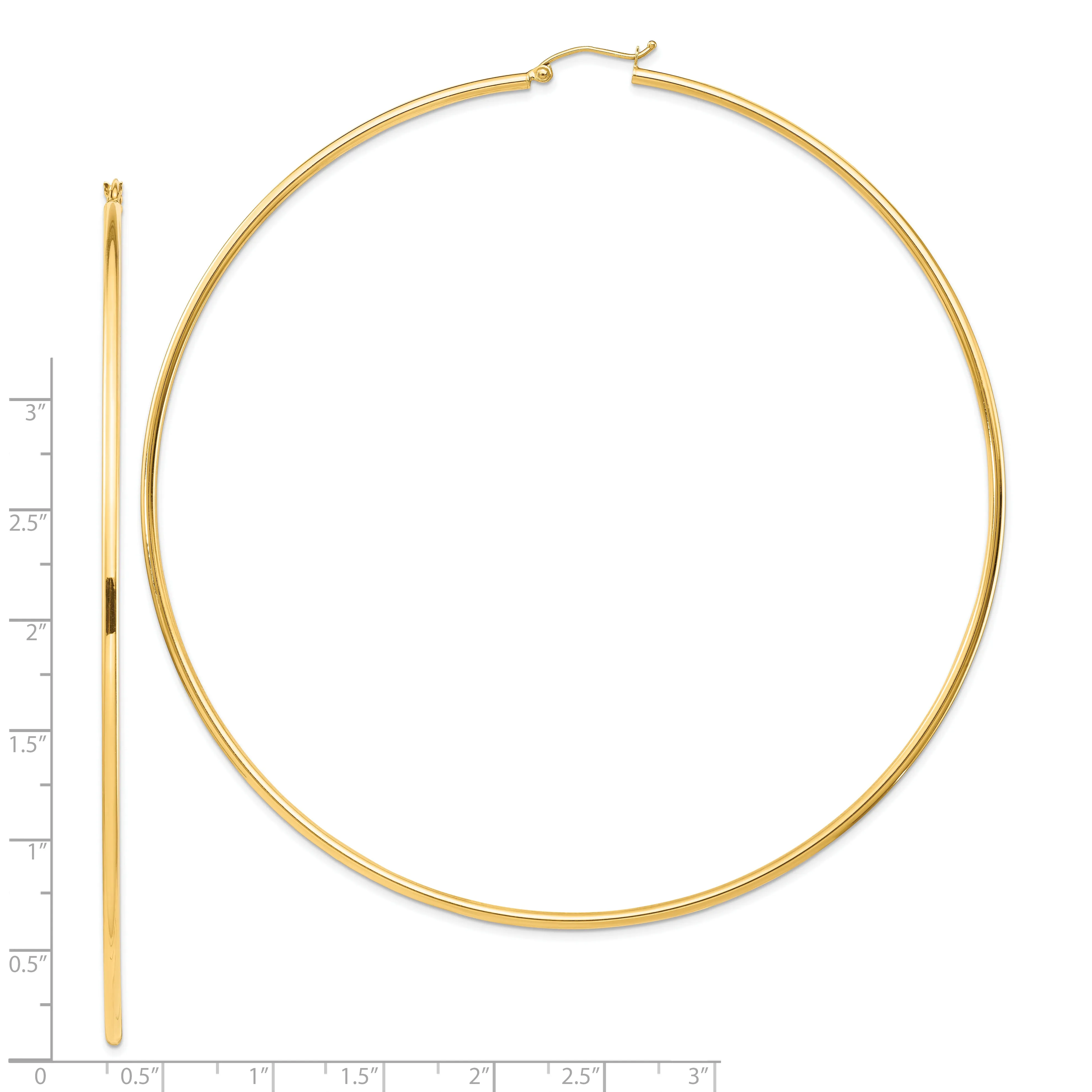 14k Polished 2x100mm Lightweight Round Tube Hoop Earrings