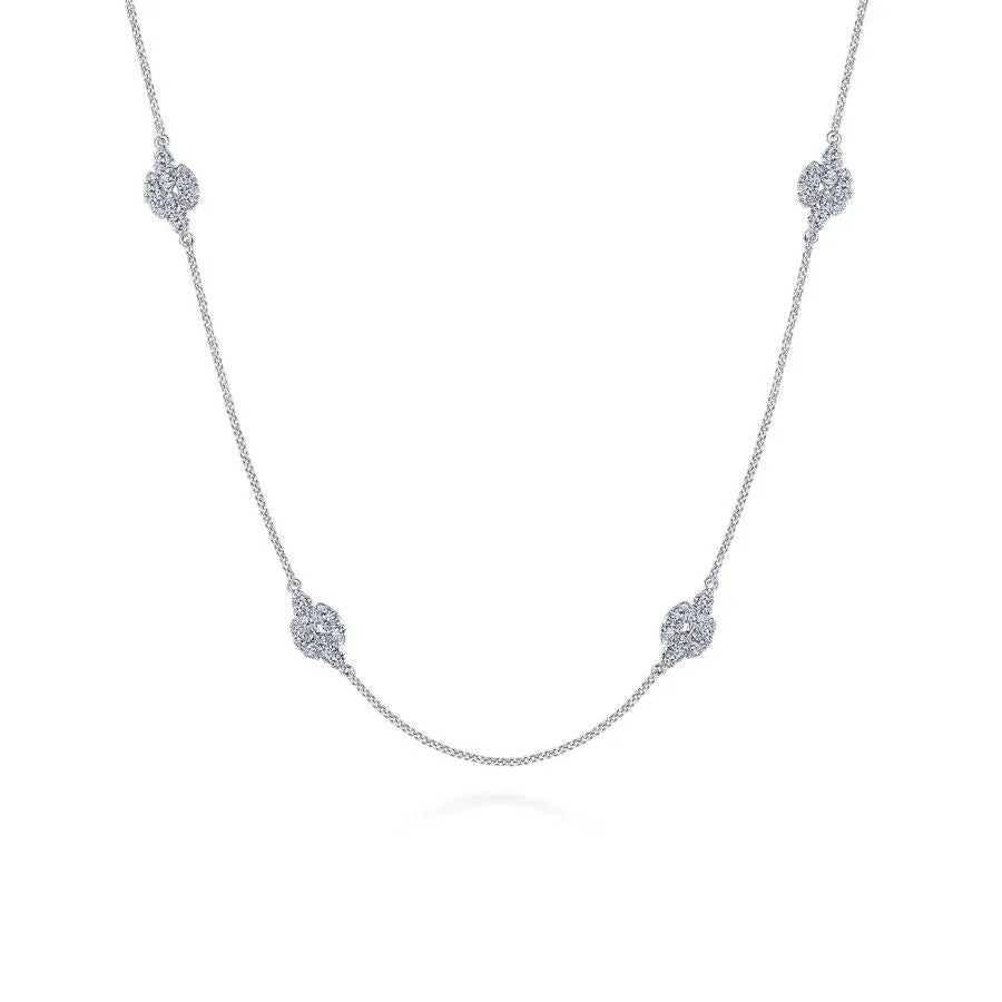 14K White Gold Filigree Diamond Station Necklace