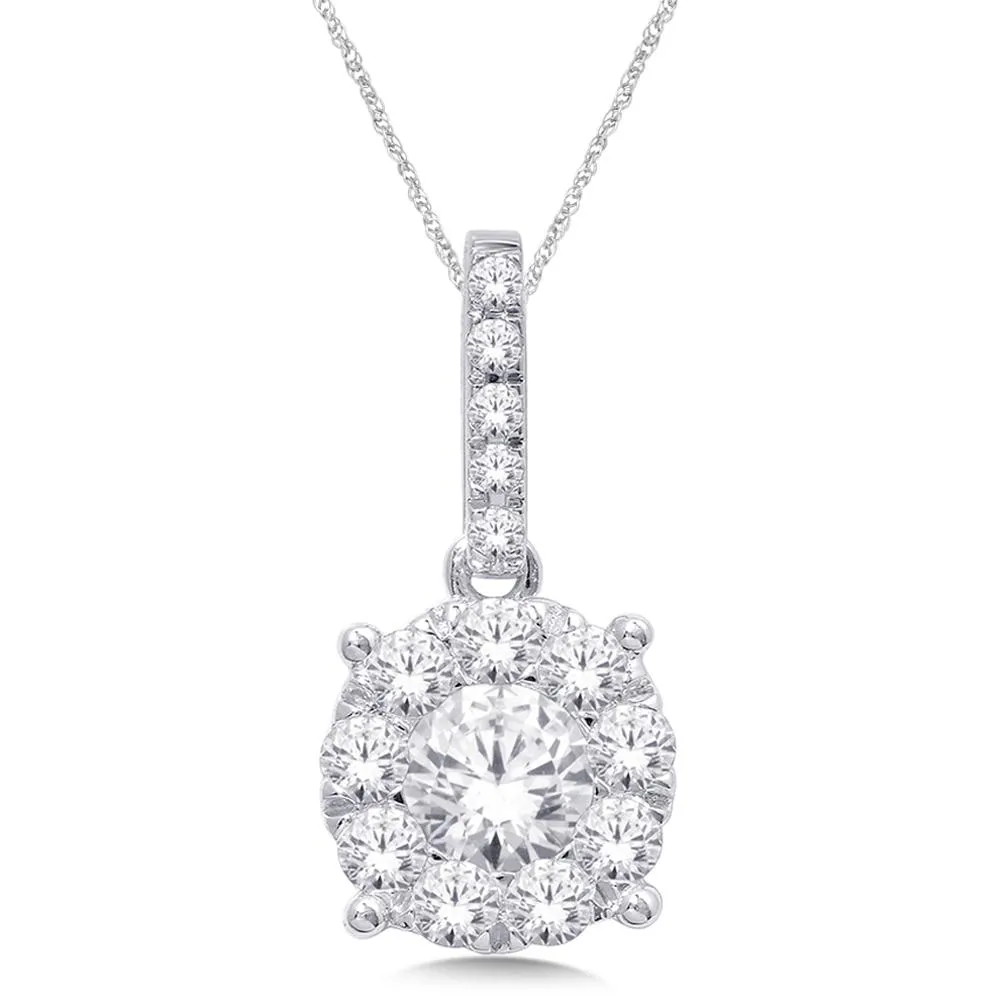 14K White Gold Round Cut Diamond Halo Drop Pendant Necklace