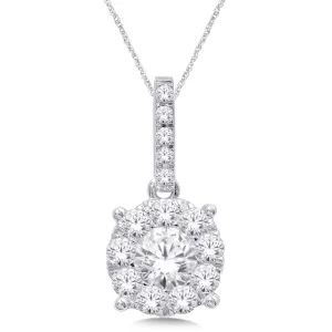 14K White Gold Round Cut Diamond Halo Drop Pendant Necklace