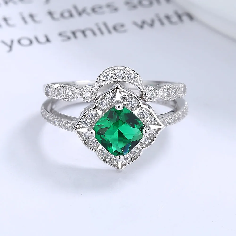 14K White Gold Two Piece Emerald Stacking Ring Set