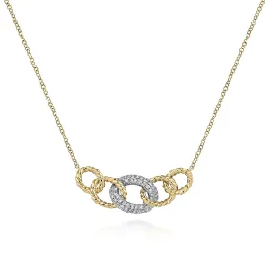 14K Yellow-White Gold Twisted Rope Link Necklace with Pavé Diamond Link Station NK5847M45JJ