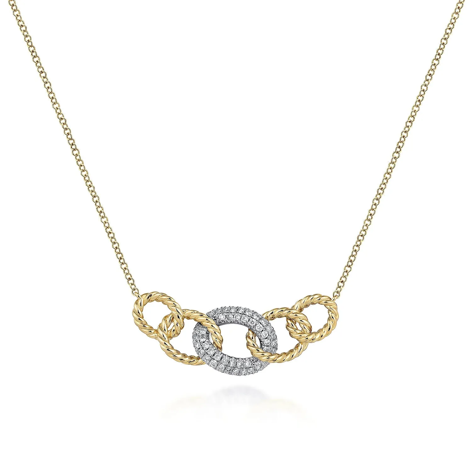 14K Yellow-White Gold Twisted Rope Link Necklace with Pavé Diamond Link Station NK5847M45JJ