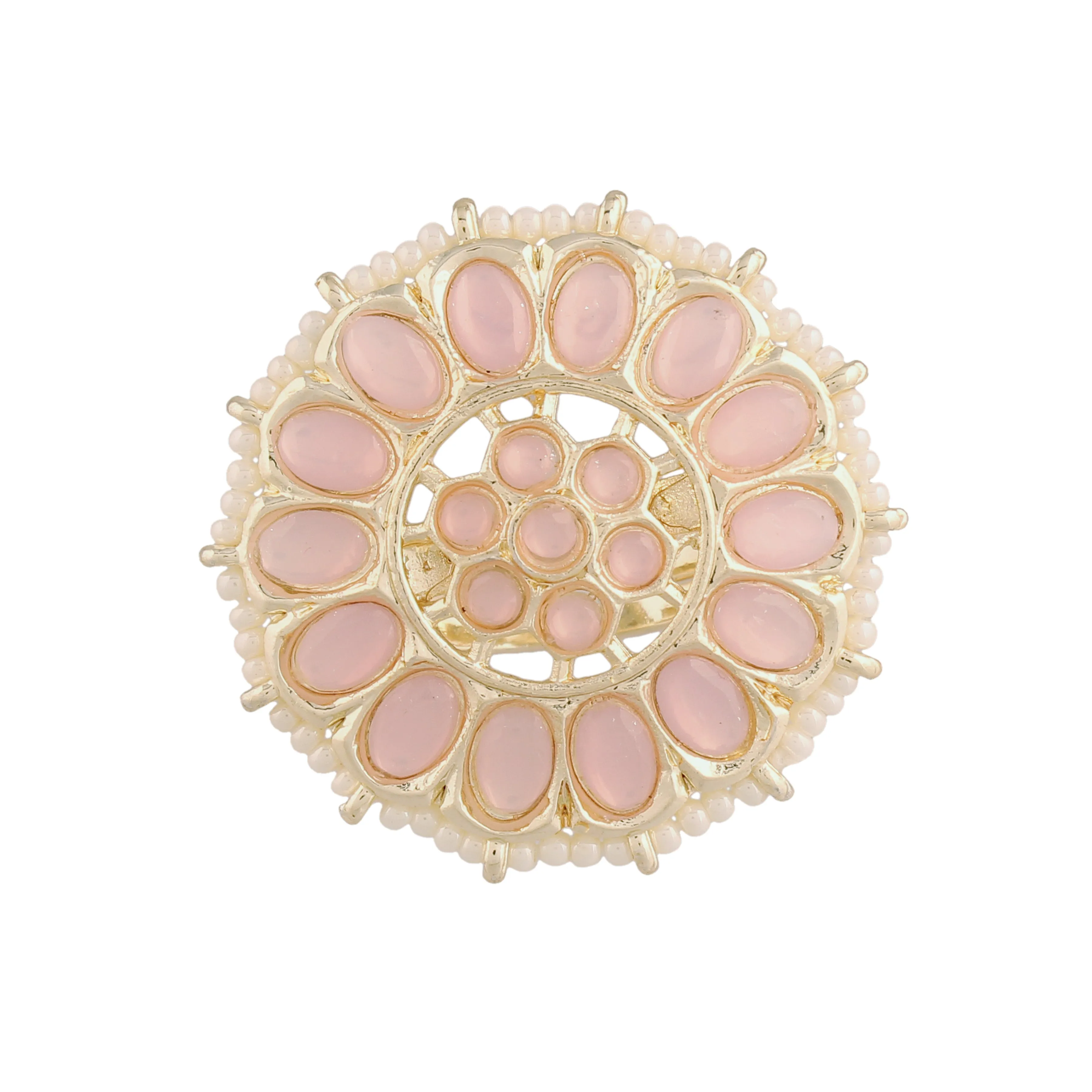 18k Gold-Plated Kundan Studded Adjustable Ring in Floral Pattern for Womens/Girls