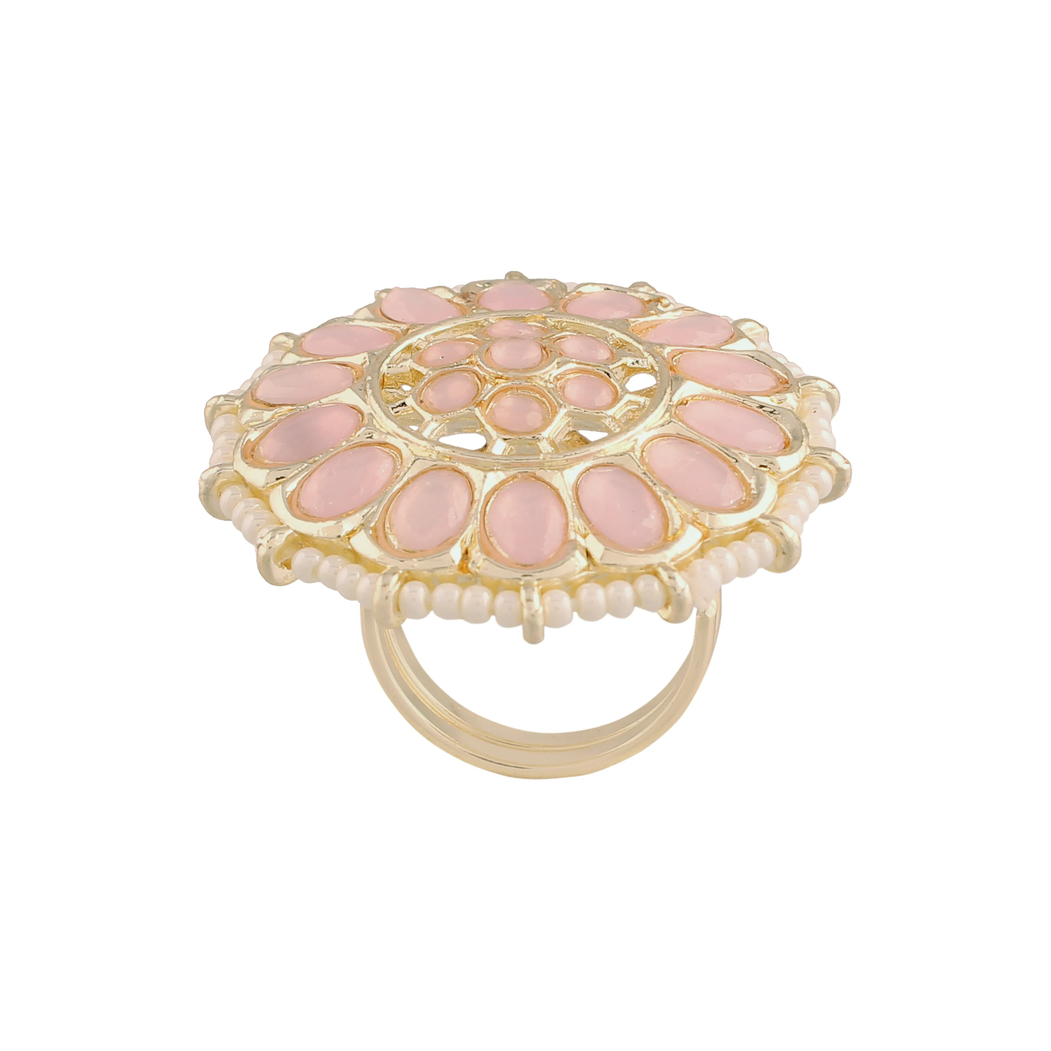 18k Gold-Plated Kundan Studded Adjustable Ring in Floral Pattern for Womens/Girls