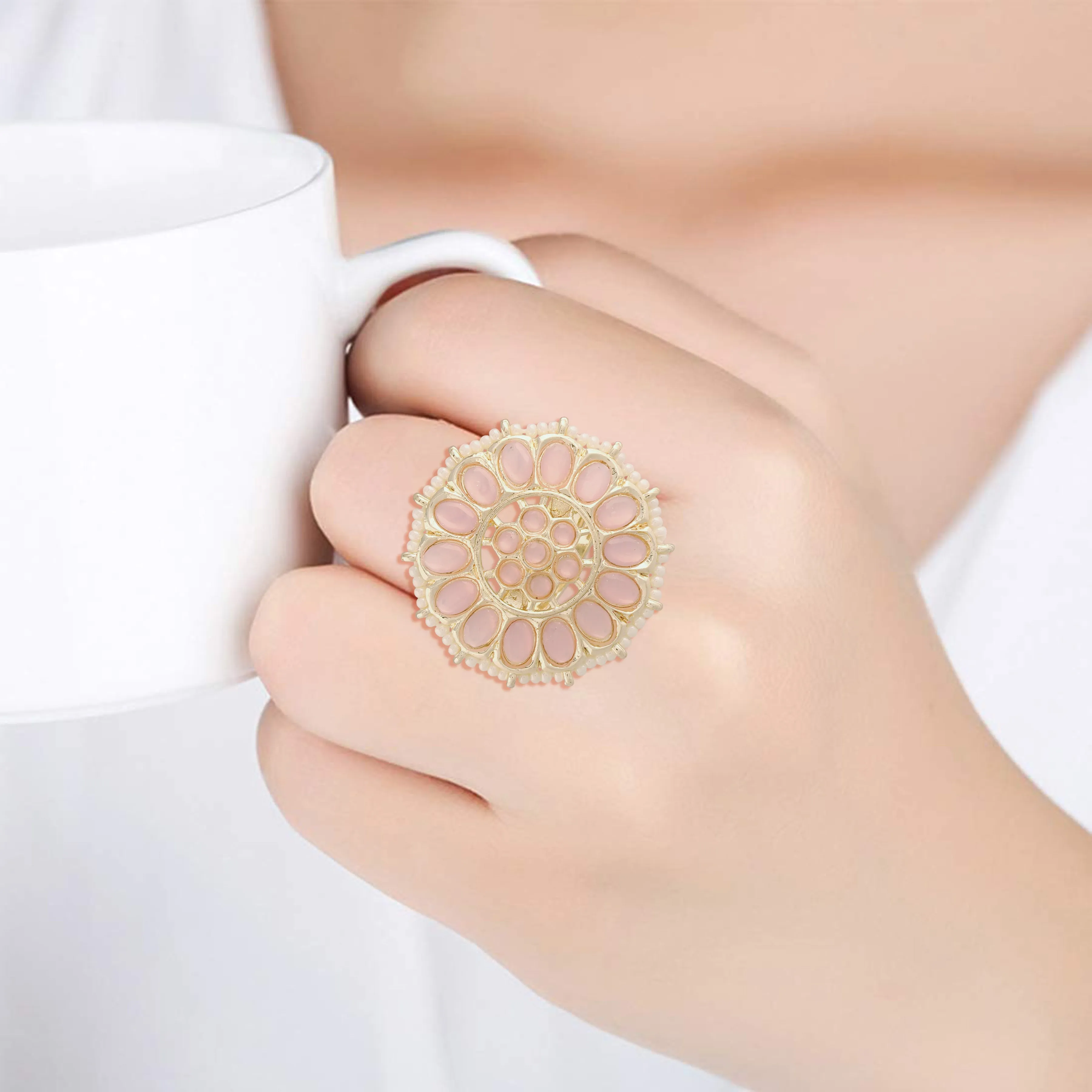 18k Gold-Plated Kundan Studded Adjustable Ring in Floral Pattern for Womens/Girls
