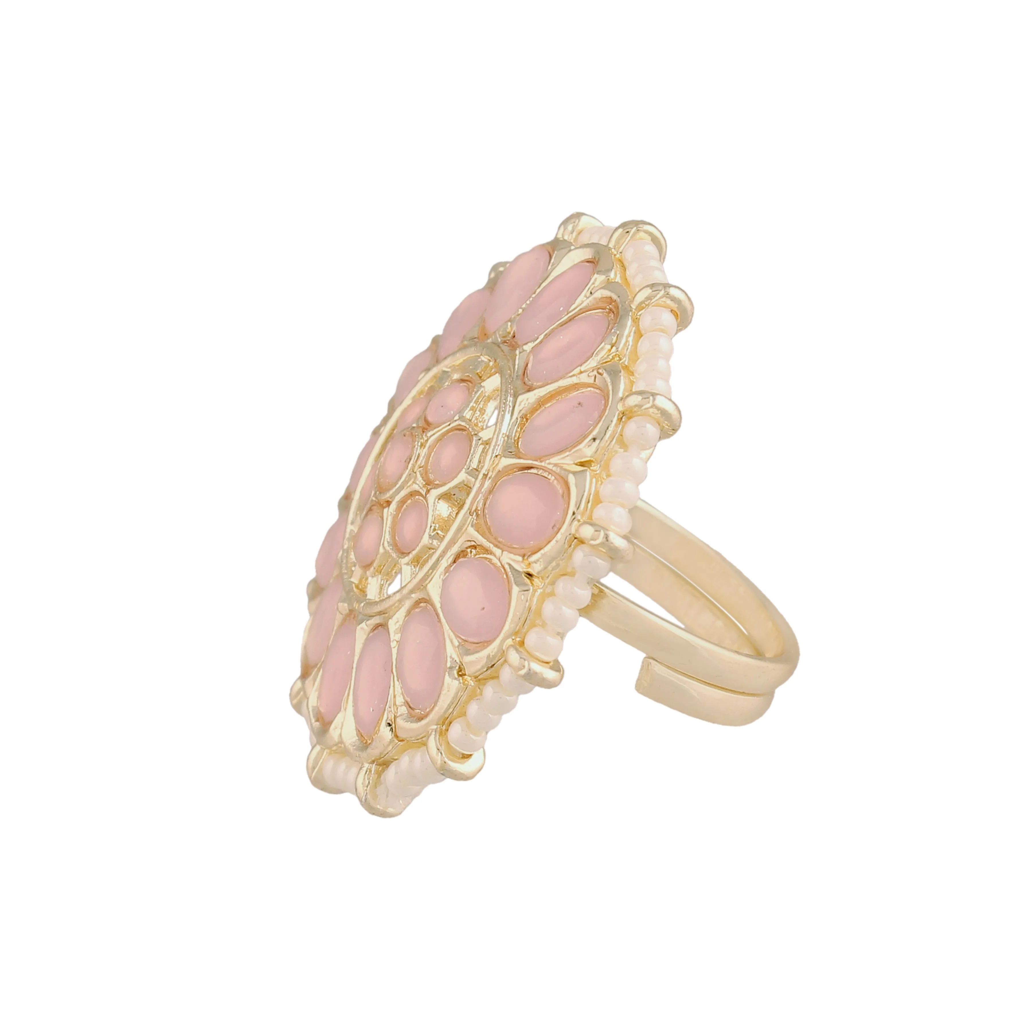 18k Gold-Plated Kundan Studded Adjustable Ring in Floral Pattern for Womens/Girls