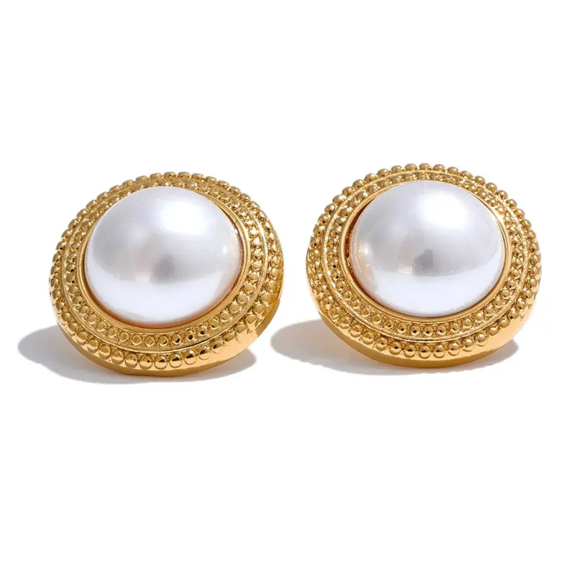 18k Gold Plated Round Circle and Pearl Stud Earrings