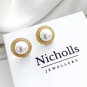 18k Gold Plated Round Circle and Pearl Stud Earrings