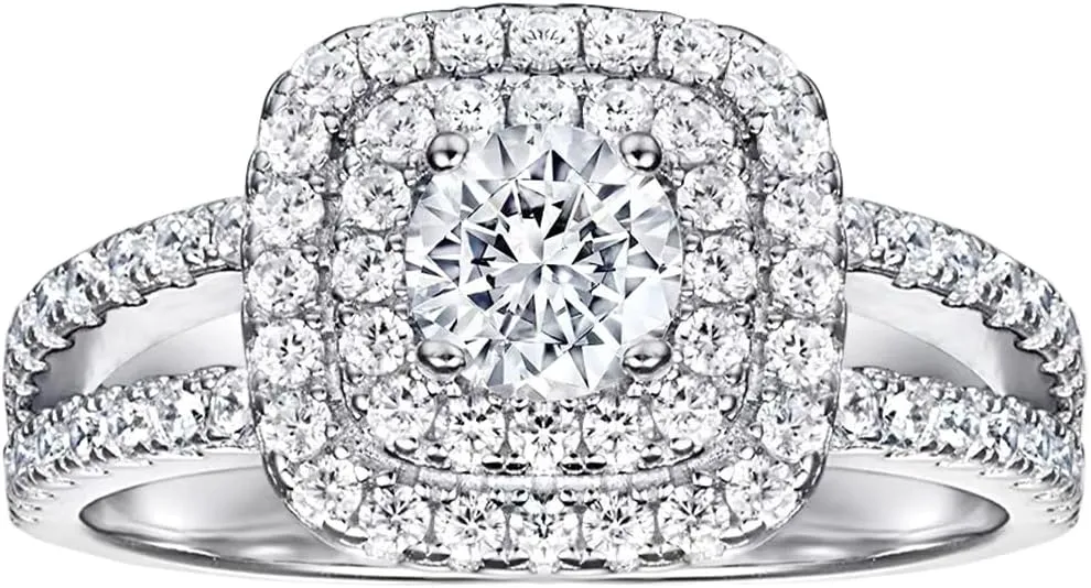 1ct 6.5X6.5mm Center Cushion Halo Moissanite Engagement Rings for Women Platinum Plated Silver Rings for Women (Available in size 6, 7, 8, 9)