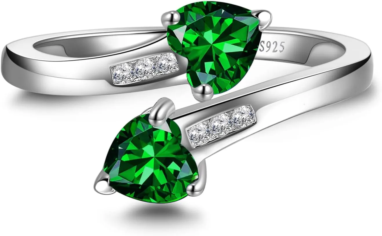 1CT Adjustable Women Heart Ring 925 Sterling Silver Birthstone Rings for Women Promise Ring for her Simulated Gemstone Statement Stackable Band Width 2mm Open Size 5~9
