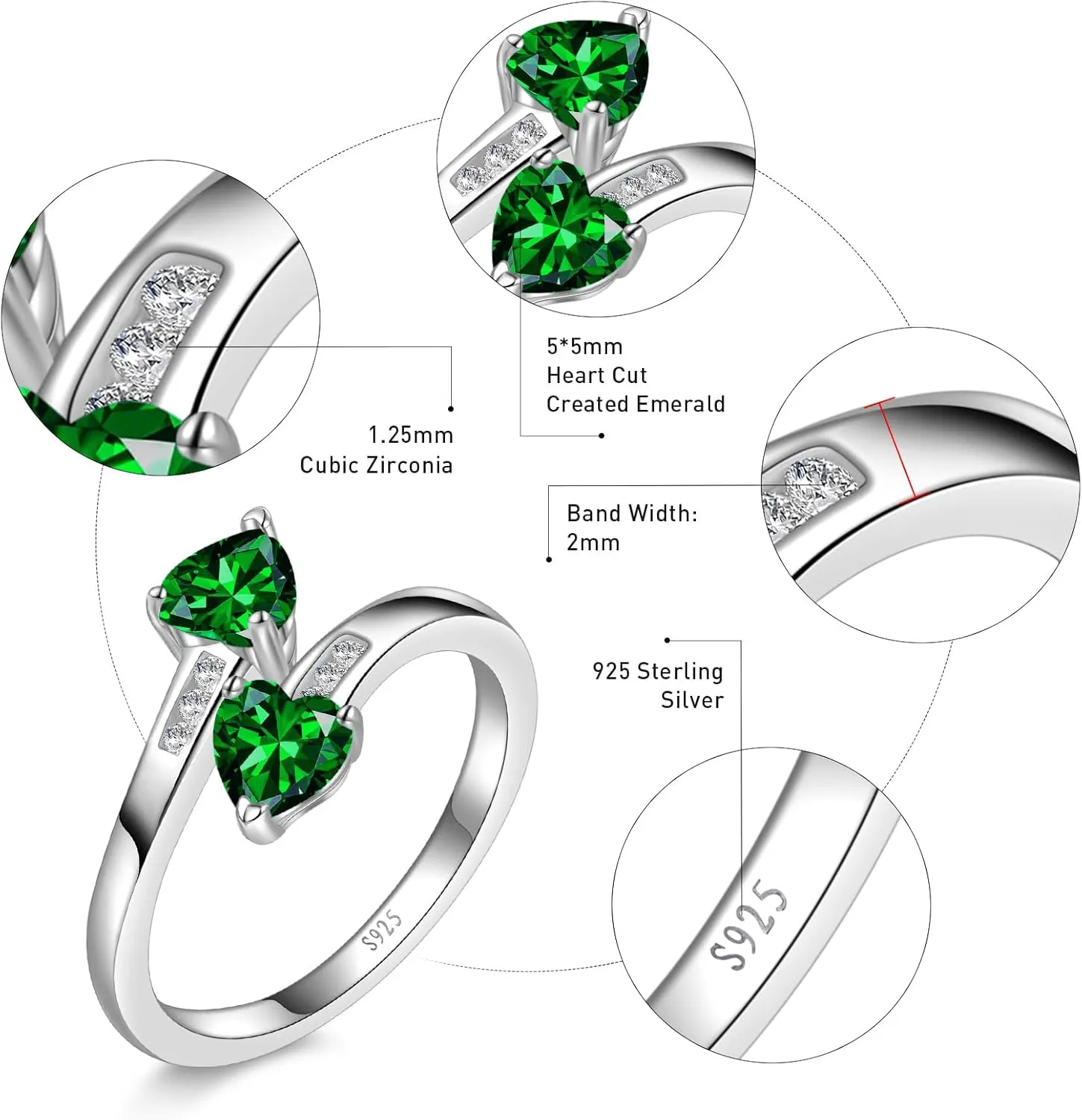 1CT Adjustable Women Heart Ring 925 Sterling Silver Birthstone Rings for Women Promise Ring for her Simulated Gemstone Statement Stackable Band Width 2mm Open Size 5~9