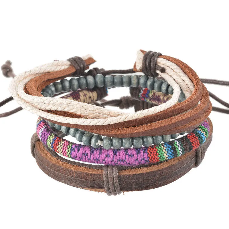 1Set 4pcs Braided Adjustable Leather Bracelet Punk Jewelry Cuff Women/Men`s Casual Jewelry