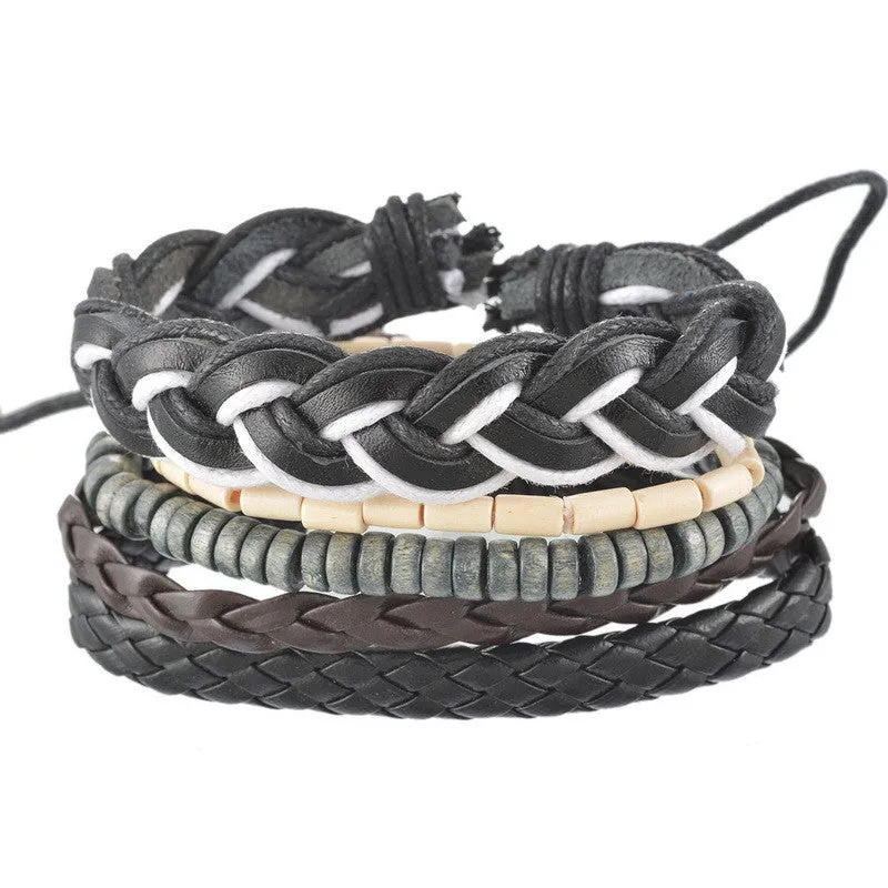 1Set 4pcs Braided Adjustable Leather Bracelet Punk Jewelry Cuff Women/Men`s Casual Jewelry