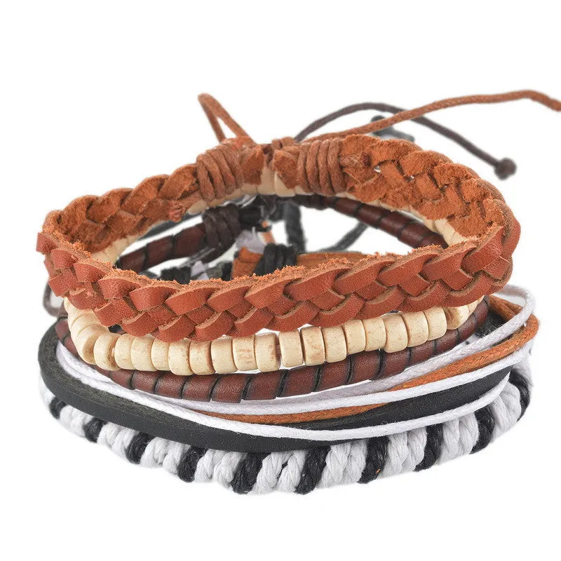 1Set 4pcs Braided Adjustable Leather Bracelet Punk Jewelry Cuff Women/Men`s Casual Jewelry