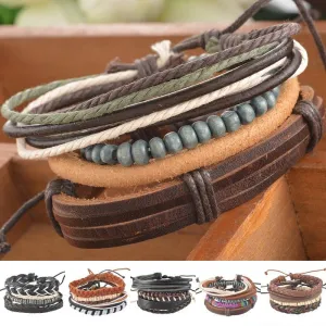 1Set 4pcs Braided Adjustable Leather Bracelet Punk Jewelry Cuff Women/Men`s Casual Jewelry