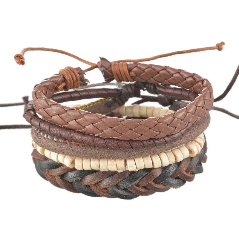 1Set 4pcs Braided Adjustable Leather Bracelet Punk Jewelry Cuff Women/Men`s Casual Jewelry