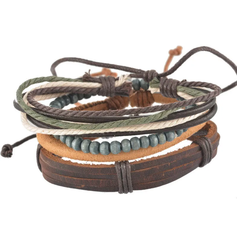 1Set 4pcs Braided Adjustable Leather Bracelet Punk Jewelry Cuff Women/Men`s Casual Jewelry