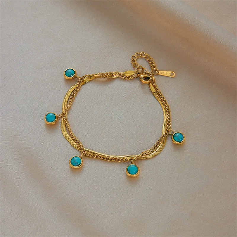 316 Stainless Steel Green Stone 2-Layer Charm Bracelet For Women