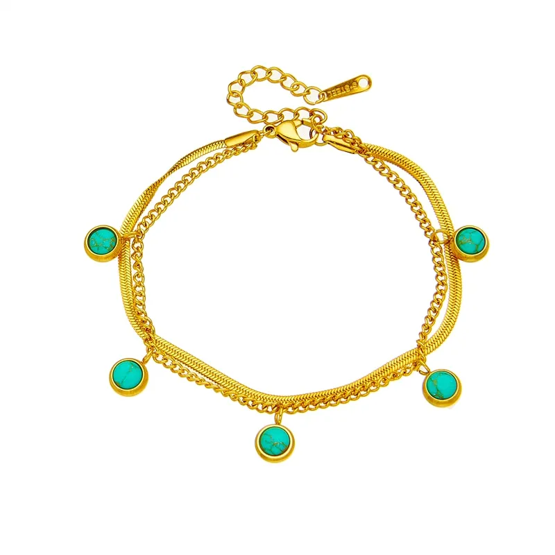 316 Stainless Steel Green Stone 2-Layer Charm Bracelet For Women