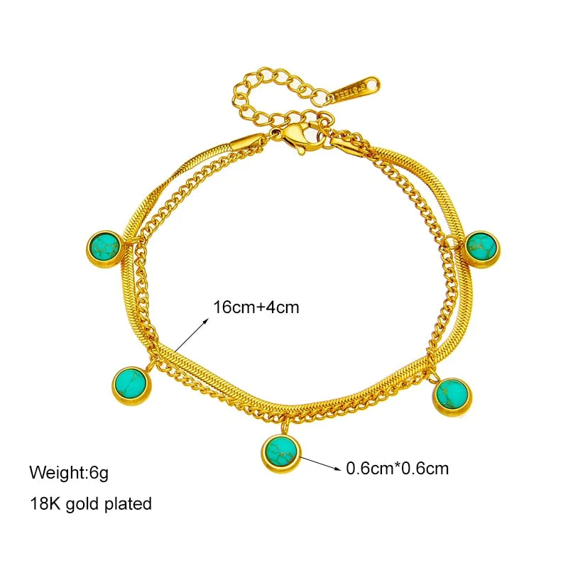 316 Stainless Steel Green Stone 2-Layer Charm Bracelet For Women