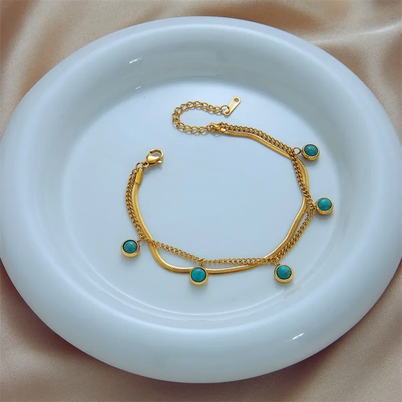 316 Stainless Steel Green Stone 2-Layer Charm Bracelet For Women