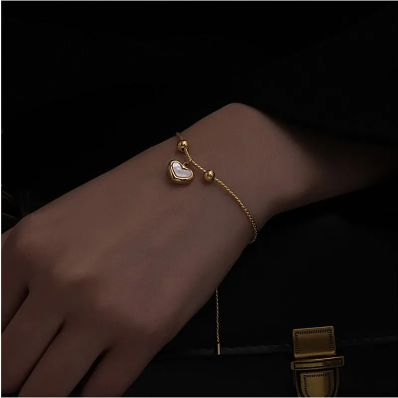 316L Stainless Steel  Elegant Shell Love Heart Pearl Drawstring Design Round Bead Bracelet