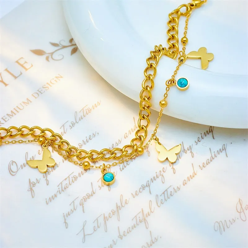 316L Stainless Steel Gold Color 2-Layer Butterfly Charm Bracelet For Women