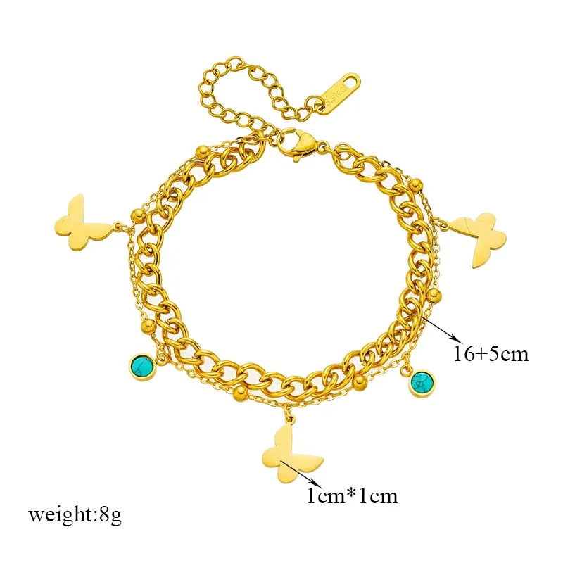 316L Stainless Steel Gold Color 2-Layer Butterfly Charm Bracelet For Women
