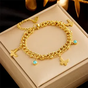 316L Stainless Steel Gold Color 2-Layer Butterfly Charm Bracelet For Women