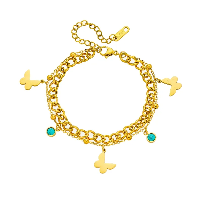 316L Stainless Steel Gold Color 2-Layer Butterfly Charm Bracelet For Women