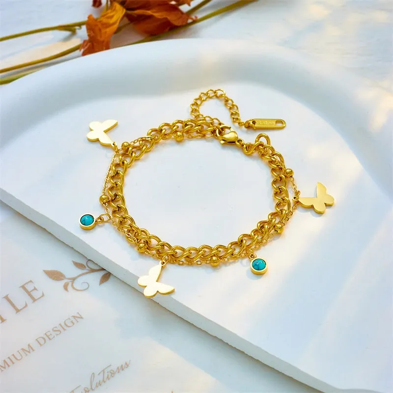 316L Stainless Steel Gold Color 2-Layer Butterfly Charm Bracelet For Women