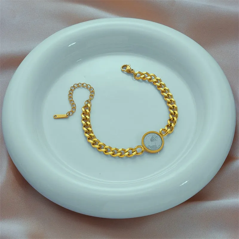 316L Stainless Steel Gold Color Round Portrait Coin Charm Bracelet For Women