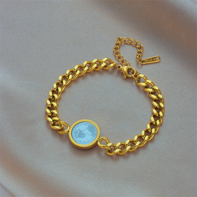 316L Stainless Steel Gold Color Round Portrait Coin Charm Bracelet For Women