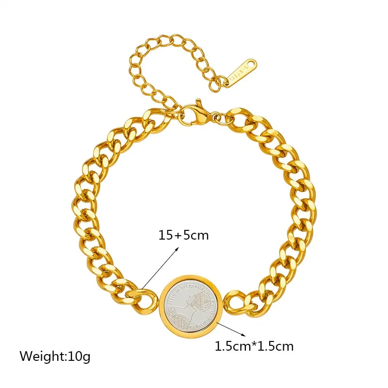 316L Stainless Steel Gold Color Round Portrait Coin Charm Bracelet For Women