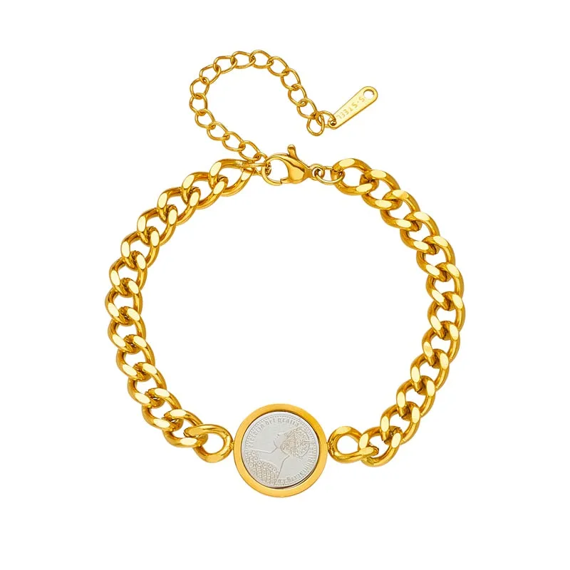 316L Stainless Steel Gold Color Round Portrait Coin Charm Bracelet For Women