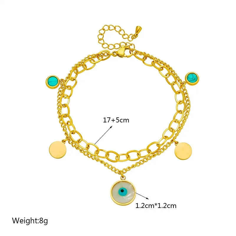 316L Stainless Steel Multilayer 2in1 Round Eye Charm Bracelet For Women