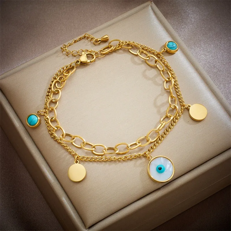 316L Stainless Steel Multilayer 2in1 Round Eye Charm Bracelet For Women
