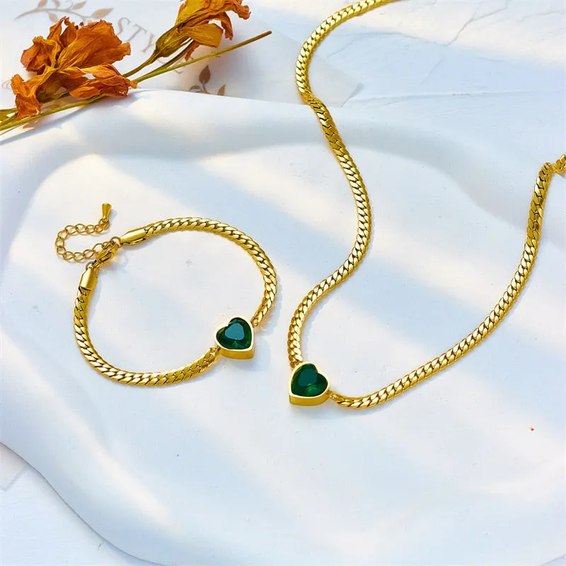316L Stainless Steel White Green Heart Crystal Charm Bracelet For Women