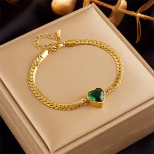 316L Stainless Steel White Green Heart Crystal Charm Bracelet For Women