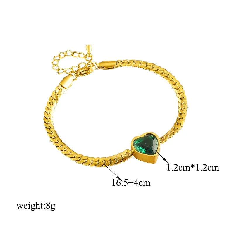 316L Stainless Steel White Green Heart Crystal Charm Bracelet For Women
