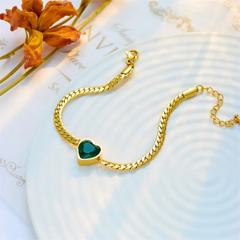 316L Stainless Steel White Green Heart Crystal Charm Bracelet For Women