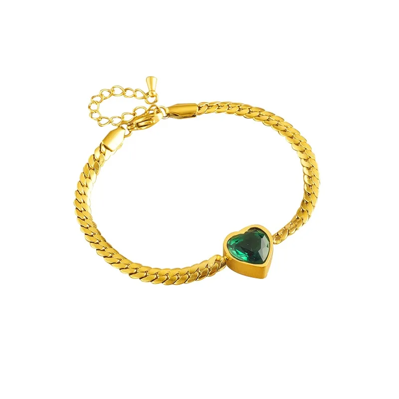 316L Stainless Steel White Green Heart Crystal Charm Bracelet For Women
