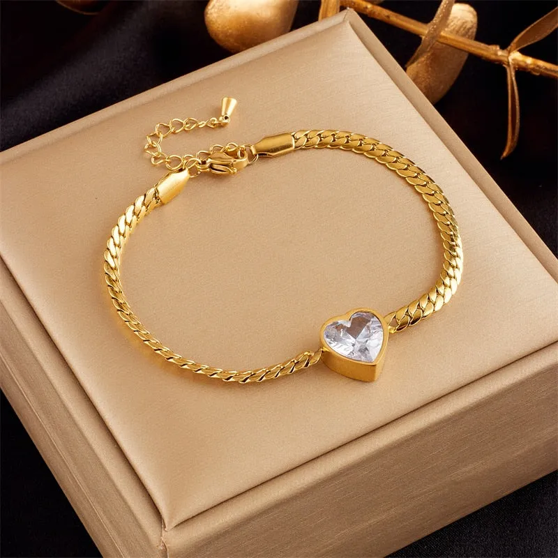 316L Stainless Steel White Green Heart Crystal Charm Bracelet For Women