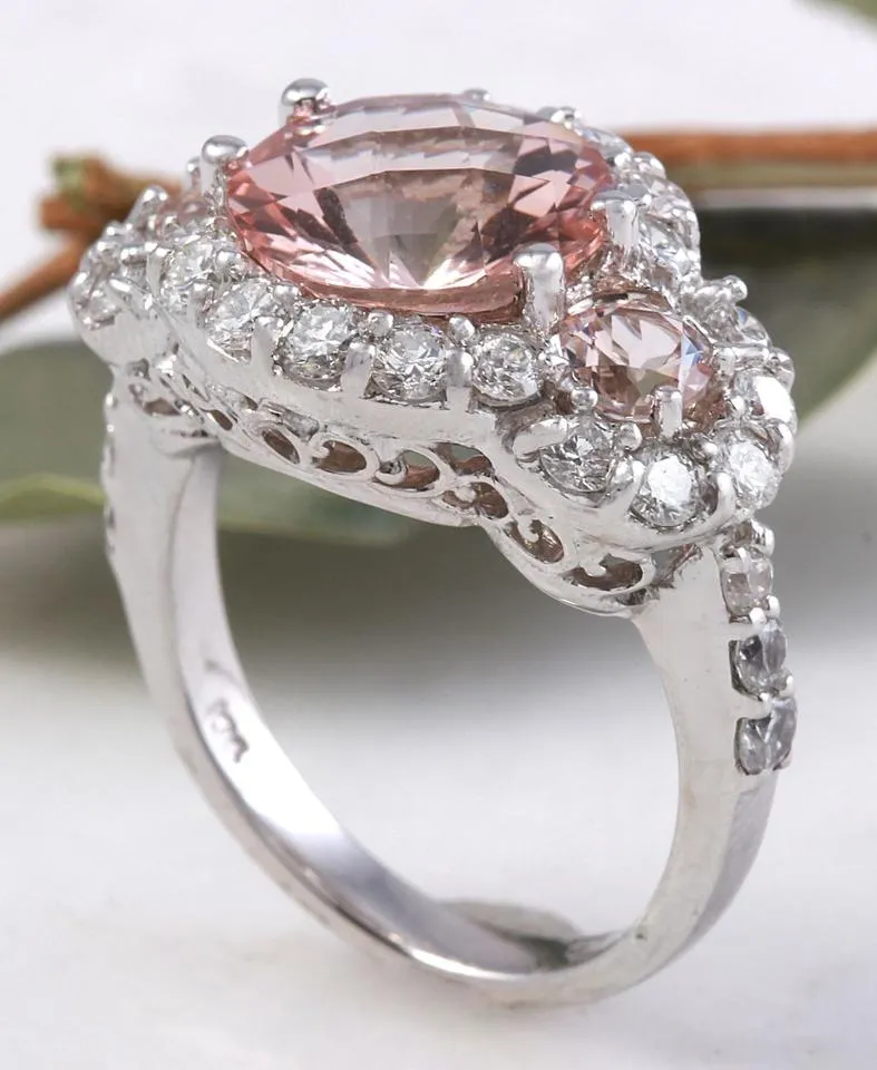4.90 Carats Exquisite Natural Peach Morganite and Diamond 14K Solid White Gold Ring